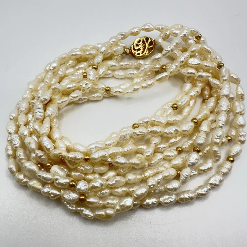 Vintage Multi-Strand Freshwater Rice/Seed Pearl Necklace Gold Tone Clasp 18" - Picture 4 of 14